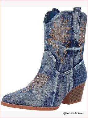 Cowboy Boots Pointed Toe Ankle Bootie Western Cowgirl Boots Low Heel Pull-On